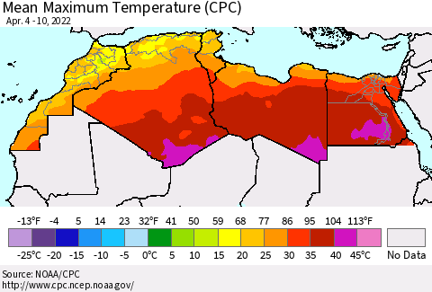 North Africa Mean Maximum Temperature (CPC) Thematic Map For 4/4/2022 - 4/10/2022