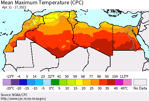 North Africa Mean Maximum Temperature (CPC) Thematic Map For 4/11/2022 - 4/17/2022