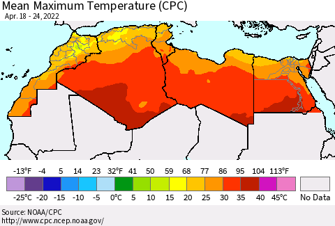 North Africa Mean Maximum Temperature (CPC) Thematic Map For 4/18/2022 - 4/24/2022