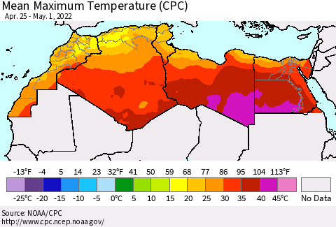 North Africa Mean Maximum Temperature (CPC) Thematic Map For 4/25/2022 - 5/1/2022