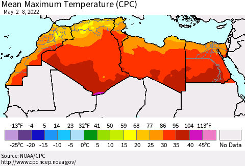 North Africa Mean Maximum Temperature (CPC) Thematic Map For 5/2/2022 - 5/8/2022