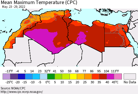 North Africa Mean Maximum Temperature (CPC) Thematic Map For 5/23/2022 - 5/29/2022
