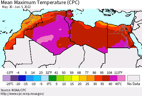 North Africa Mean Maximum Temperature (CPC) Thematic Map For 5/30/2022 - 6/5/2022