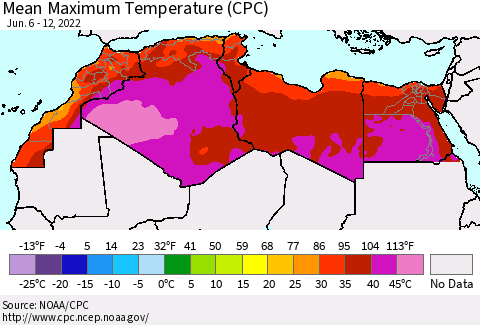 North Africa Mean Maximum Temperature (CPC) Thematic Map For 6/6/2022 - 6/12/2022