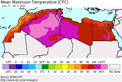 North Africa Mean Maximum Temperature (CPC) Thematic Map For 6/27/2022 - 7/3/2022