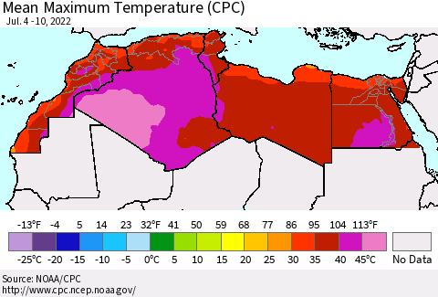 North Africa Mean Maximum Temperature (CPC) Thematic Map For 7/4/2022 - 7/10/2022
