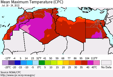 North Africa Mean Maximum Temperature (CPC) Thematic Map For 7/18/2022 - 7/24/2022