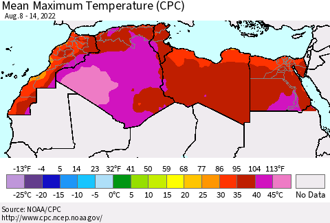 North Africa Mean Maximum Temperature (CPC) Thematic Map For 8/8/2022 - 8/14/2022
