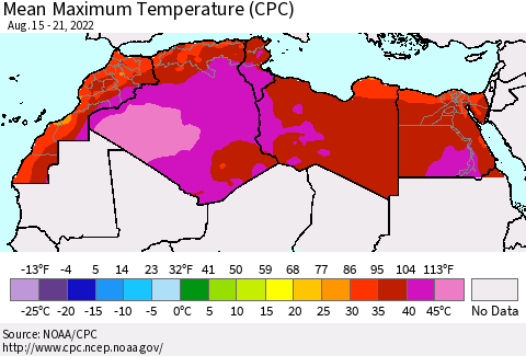 North Africa Mean Maximum Temperature (CPC) Thematic Map For 8/15/2022 - 8/21/2022