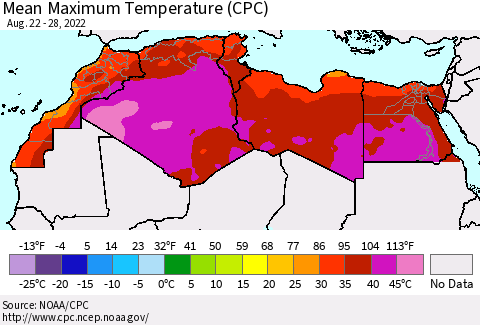 North Africa Mean Maximum Temperature (CPC) Thematic Map For 8/22/2022 - 8/28/2022
