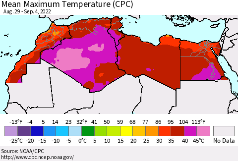 North Africa Mean Maximum Temperature (CPC) Thematic Map For 8/29/2022 - 9/4/2022