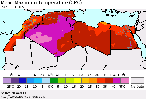 North Africa Mean Maximum Temperature (CPC) Thematic Map For 9/5/2022 - 9/11/2022