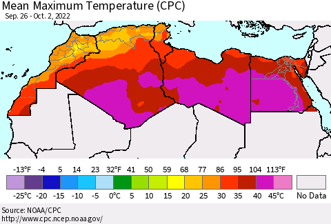 North Africa Mean Maximum Temperature (CPC) Thematic Map For 9/26/2022 - 10/2/2022