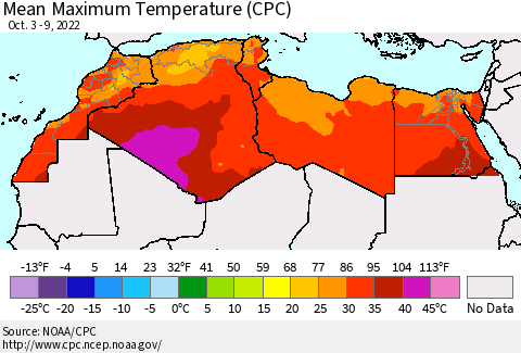 North Africa Mean Maximum Temperature (CPC) Thematic Map For 10/3/2022 - 10/9/2022