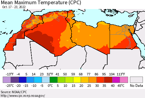 North Africa Mean Maximum Temperature (CPC) Thematic Map For 10/17/2022 - 10/23/2022