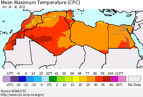 North Africa Mean Maximum Temperature (CPC) Thematic Map For 10/24/2022 - 10/30/2022