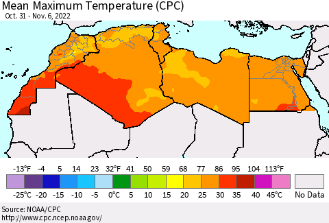 North Africa Mean Maximum Temperature (CPC) Thematic Map For 10/31/2022 - 11/6/2022