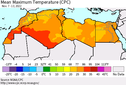 North Africa Mean Maximum Temperature (CPC) Thematic Map For 11/7/2022 - 11/13/2022