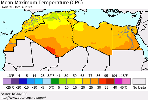 North Africa Mean Maximum Temperature (CPC) Thematic Map For 11/28/2022 - 12/4/2022