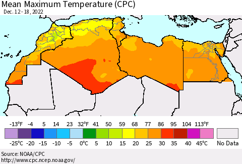 North Africa Mean Maximum Temperature (CPC) Thematic Map For 12/12/2022 - 12/18/2022