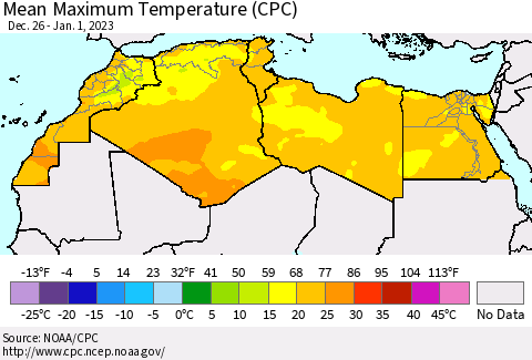 North Africa Mean Maximum Temperature (CPC) Thematic Map For 12/26/2022 - 1/1/2023