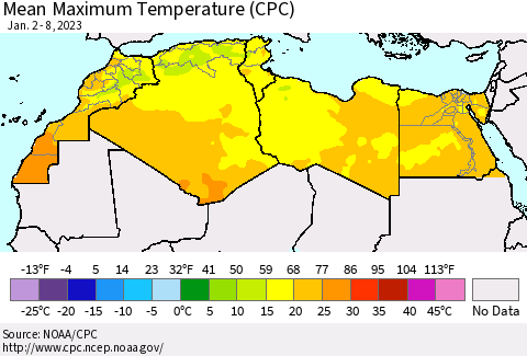 North Africa Mean Maximum Temperature (CPC) Thematic Map For 1/2/2023 - 1/8/2023