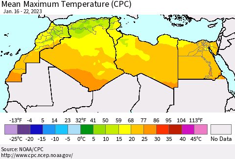 North Africa Mean Maximum Temperature (CPC) Thematic Map For 1/16/2023 - 1/22/2023