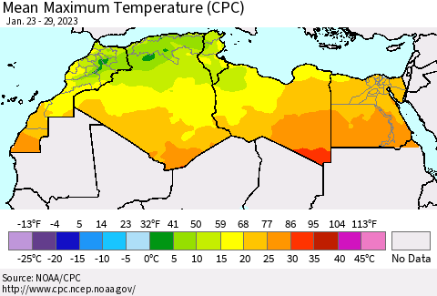 North Africa Mean Maximum Temperature (CPC) Thematic Map For 1/23/2023 - 1/29/2023