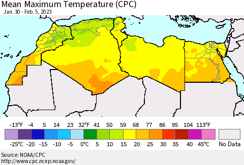 North Africa Mean Maximum Temperature (CPC) Thematic Map For 1/30/2023 - 2/5/2023