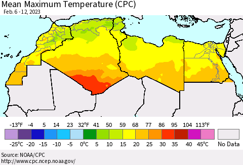 North Africa Mean Maximum Temperature (CPC) Thematic Map For 2/6/2023 - 2/12/2023
