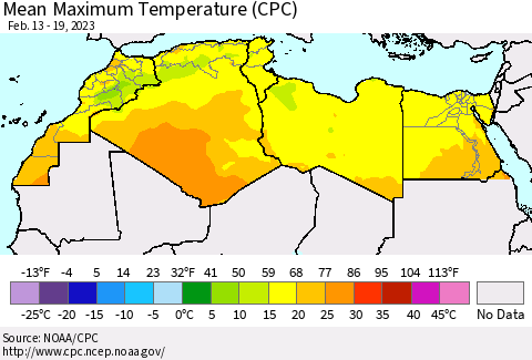 North Africa Mean Maximum Temperature (CPC) Thematic Map For 2/13/2023 - 2/19/2023