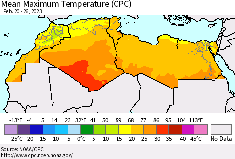 North Africa Mean Maximum Temperature (CPC) Thematic Map For 2/20/2023 - 2/26/2023