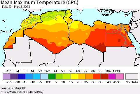 North Africa Mean Maximum Temperature (CPC) Thematic Map For 2/27/2023 - 3/5/2023