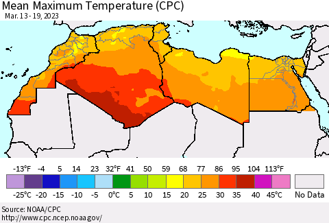 North Africa Mean Maximum Temperature (CPC) Thematic Map For 3/13/2023 - 3/19/2023