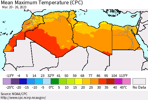 North Africa Mean Maximum Temperature (CPC) Thematic Map For 3/20/2023 - 3/26/2023