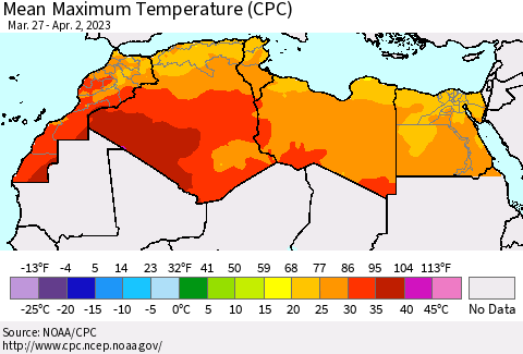 North Africa Mean Maximum Temperature (CPC) Thematic Map For 3/27/2023 - 4/2/2023