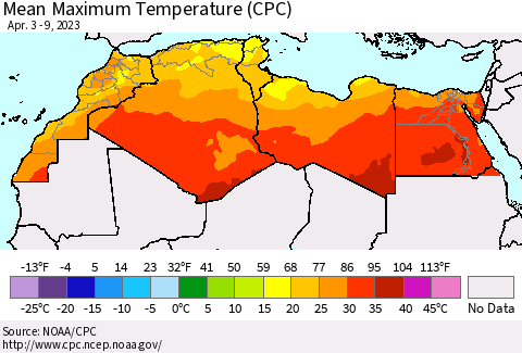 North Africa Mean Maximum Temperature (CPC) Thematic Map For 4/3/2023 - 4/9/2023