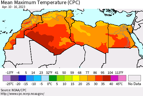 North Africa Mean Maximum Temperature (CPC) Thematic Map For 4/10/2023 - 4/16/2023
