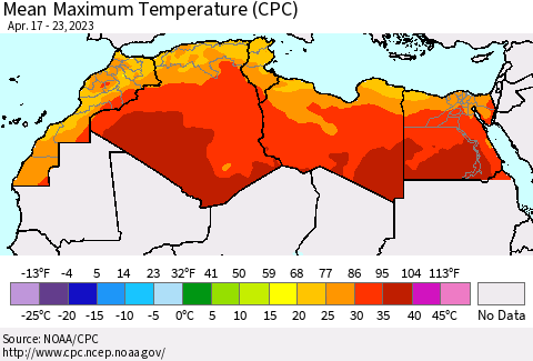 North Africa Mean Maximum Temperature (CPC) Thematic Map For 4/17/2023 - 4/23/2023