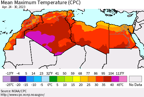 North Africa Mean Maximum Temperature (CPC) Thematic Map For 4/24/2023 - 4/30/2023