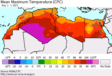 North Africa Mean Maximum Temperature (CPC) Thematic Map For 5/1/2023 - 5/7/2023
