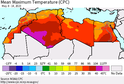 North Africa Mean Maximum Temperature (CPC) Thematic Map For 5/8/2023 - 5/14/2023