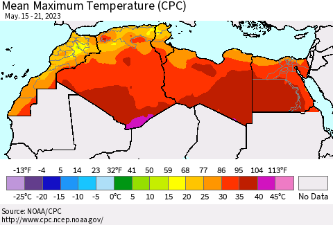 North Africa Mean Maximum Temperature (CPC) Thematic Map For 5/15/2023 - 5/21/2023
