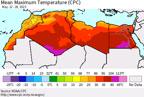 North Africa Mean Maximum Temperature (CPC) Thematic Map For 5/22/2023 - 5/28/2023