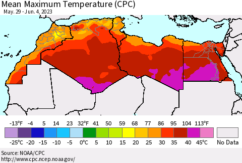 North Africa Mean Maximum Temperature (CPC) Thematic Map For 5/29/2023 - 6/4/2023