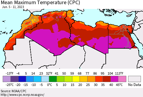 North Africa Mean Maximum Temperature (CPC) Thematic Map For 6/5/2023 - 6/11/2023