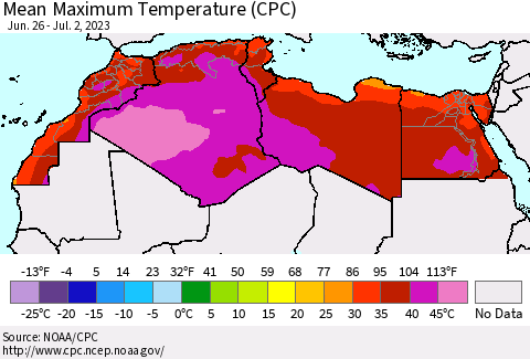 North Africa Mean Maximum Temperature (CPC) Thematic Map For 6/26/2023 - 7/2/2023