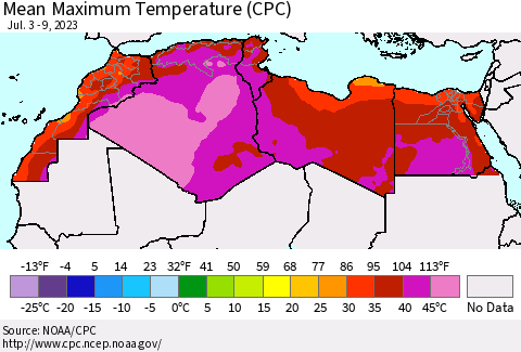 North Africa Mean Maximum Temperature (CPC) Thematic Map For 7/3/2023 - 7/9/2023