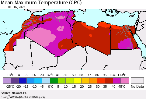 North Africa Mean Maximum Temperature (CPC) Thematic Map For 7/10/2023 - 7/16/2023