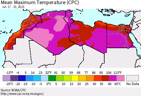 North Africa Mean Maximum Temperature (CPC) Thematic Map For 7/17/2023 - 7/23/2023